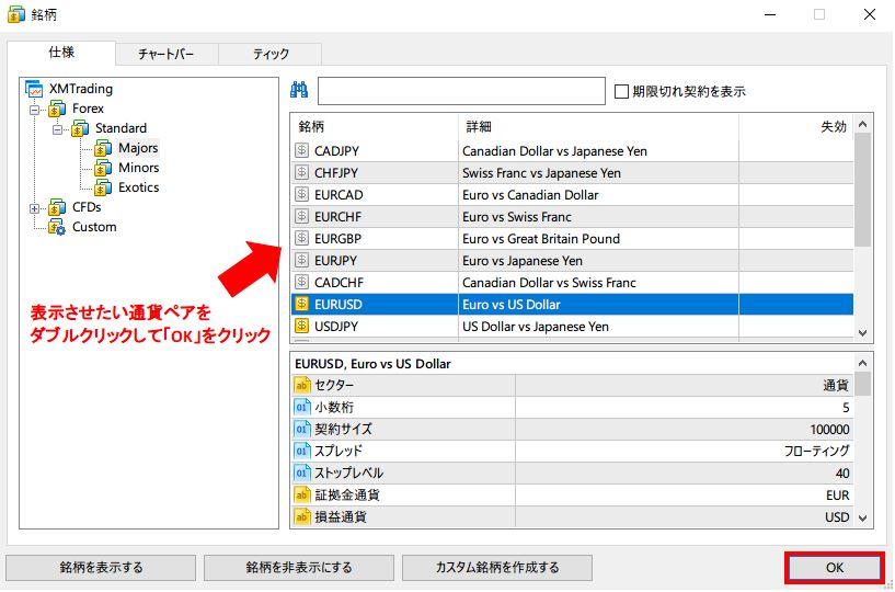 表示させたい通貨ペアを選択する