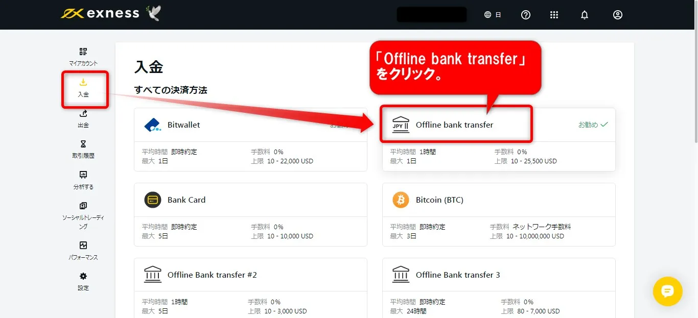 入金画面より「Offline bank transfer」をクリック