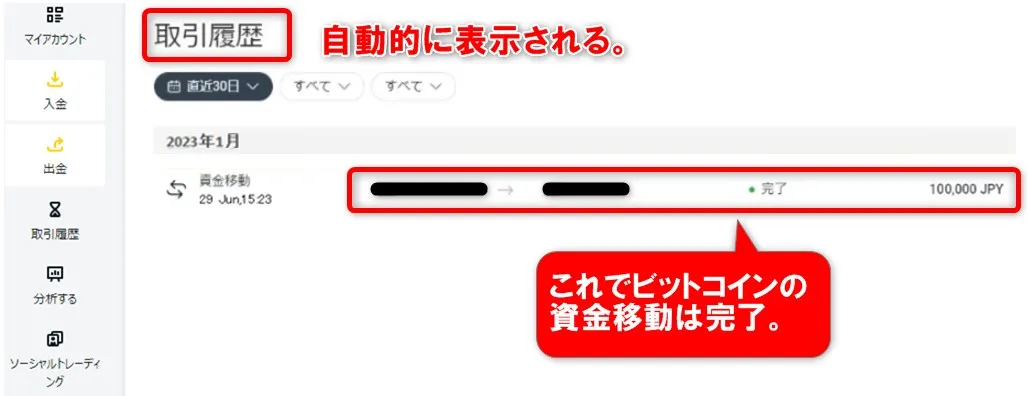 ビットコインの資金移動は完了