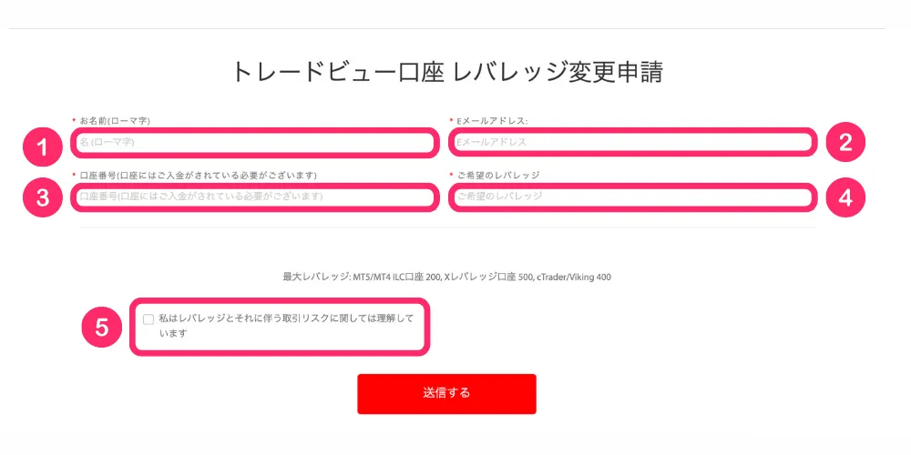 Tradeviewのレバレッジ変更申請フォームに必要事項を記入しましょう