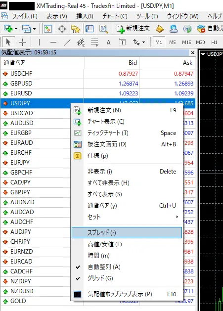 PC版MT4/MT5気配値一覧の右クリックメニュー