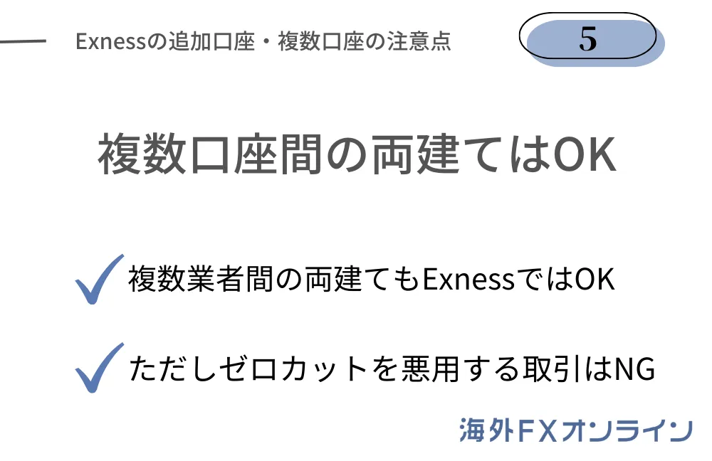 Exness(エクスネス)の追加口座・複数口座の注意点⑤Exnessなら複数口座での両建てもOK
