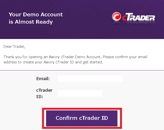 AXIORY(アキシオリー)cTraderのメールアドレス・ID登録画面