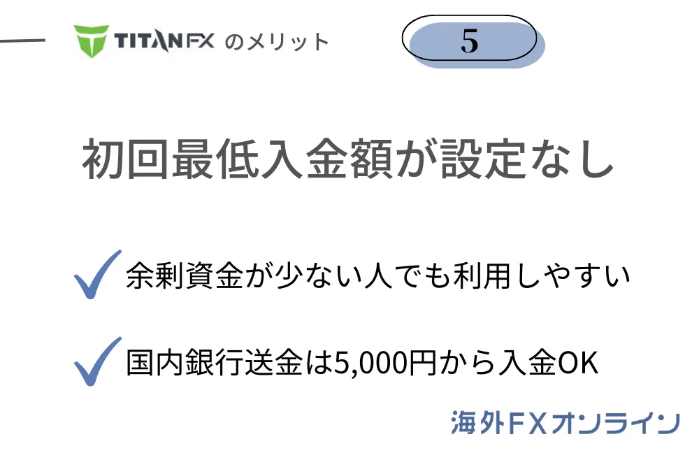 TitanFX(タイタンFX)のメリット⑤初回最低入金額は設定なしで低スプレッド業者では優秀