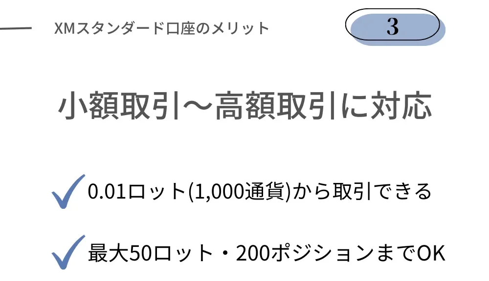 XMスタンダード口座のメリット③取引ロットに幅があり高額取引にも対応